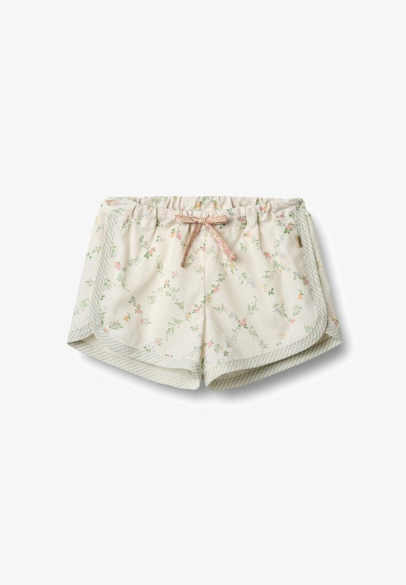 Blommiga shorts i krämfärgad tyg med dragsko i midjan. Har rosa och gröna blommönster samt randiga detaljer vid fållen.