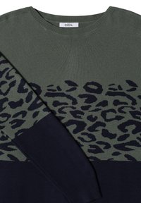 Pull avec sections vert foncé et bleu marine et motif léopard noir sur la poitrine et la manche, portant l'étiquette CECIL au niveau de l'encolure.