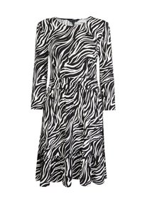 Vestido de patrón de cebra en blanco y negro con mangas largas, escote redondo y cintura fruncida, con un dobladillo acampanado y con volantes.