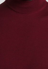 Bordeauxfarbener Rollkragenpullover aus geripptem Strickstoff, mit taillierter Passform und glatter Textur, hohem Kragen und ohne sichtbare Verzierungen.