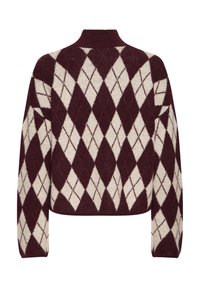 Maglione a motivo argyle bordeaux e crema, texture lavorata a maglia, design corto, colletto alto e maniche lunghe con bordi a coste.