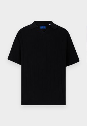 Black short-sleeved polo shirt with a V-neck, featuring a ribbed texture and subtle vertical stripes. Label inside the neck area.