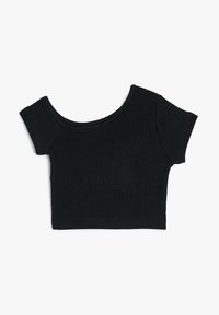 Sort crop-top lavet af ribbet stof. Har en bred halsudskæring og korte ærmer. Glat tekstur med en tætsiddende, kropsnær pasform.