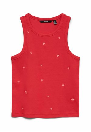 Rode mouwloze geribbelde tanktop met kleine verspreide lichtroze vlindermotieven. Ronde halslijn met zwart merklabel aan de binnenkant.