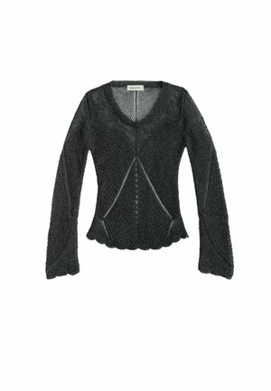 Mustast pikast varrukast kampsunist top V-kaelusega, tekstureeritud geomeetriliste mustritega ning veidi lehvikukujuliste varrukate ja äärega.