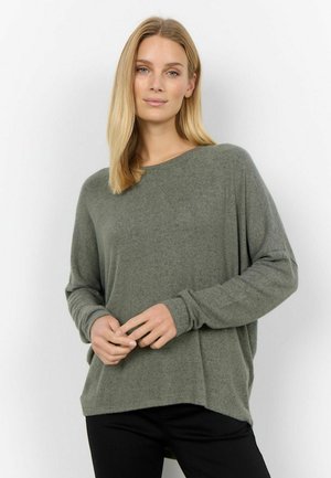 Lös, långärmad pullover i ljus olivgrön, tillverkad av mjukt tyg med en subtil struktur. Har en vid halsringning och avslappnad passform.