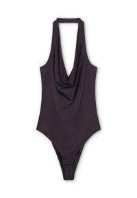 Costume da bagno a collo alto di color viola scuro con un design anteriore drappeggiato, texture liscia e aperture alte sulle gambe. Accenti minimi, forma aderente.