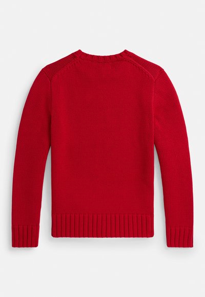 Roter Strickpullover mit langen Ärmeln, gerippten Bündchen und Saum, mit Rundhalsausschnitt und strukturiertem Muster. Nur Rückansicht, keine sichtbaren Markierungen.