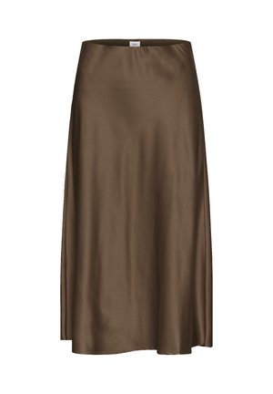 Brown satin skirt with a smooth texture, flowing silhouette, and an ankle-length design. Features a simple waistband without embellishments.