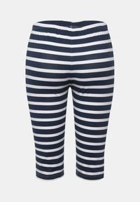 Námořnické a bílé pruhované capri legíny s elastickým pasem, hladkou texturou látky a přiléhavým střihem.