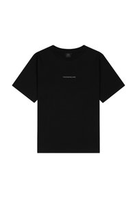 Zwarte katoenen T-shirt met korte mouwen en een ronde hals. Bevat een subtiele witte logo "TOMORROWLAND" op de borst. Gladde textuur.