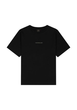 Zwarte katoenen T-shirt met korte mouwen en een ronde hals. Bevat een subtiele witte logo "TOMORROWLAND" op de borst. Gladde textuur.