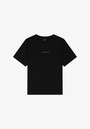 Black cotton t-shirt with short sleeves and a crew neck. Features a subtle white logo "TOMORROWLAND" on the chest. Smooth texture.