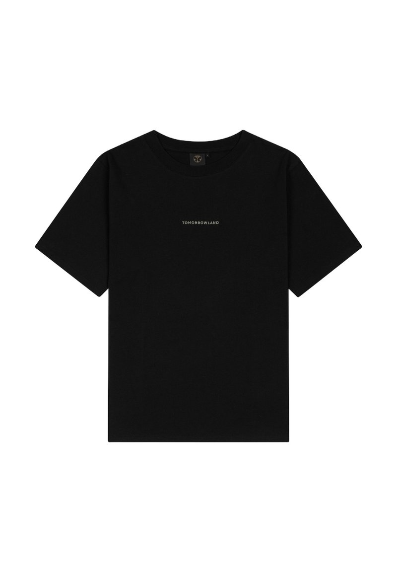 Zwarte katoenen T-shirt met korte mouwen en een ronde hals. Bevat een subtiele witte logo "TOMORROWLAND" op de borst. Gladde textuur.