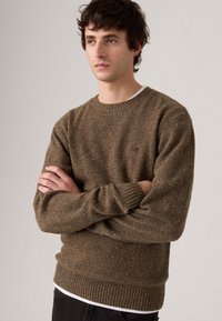 Brown speckled knit sweater with a ribbed hem and cuffs. Features a crew neckline and a subtle logo detail on the chest.