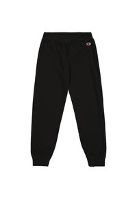 Zwarte sweatpants van zachte stof, met een elastische tailleband en boorden, en een klein geborduurd logo aan de linkerkant.