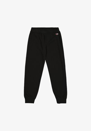 Pantalones de chándal negros hechos de una tela suave, con una cinturilla y puños elásticos, y con un pequeño logo bordado en el lado izquierdo.