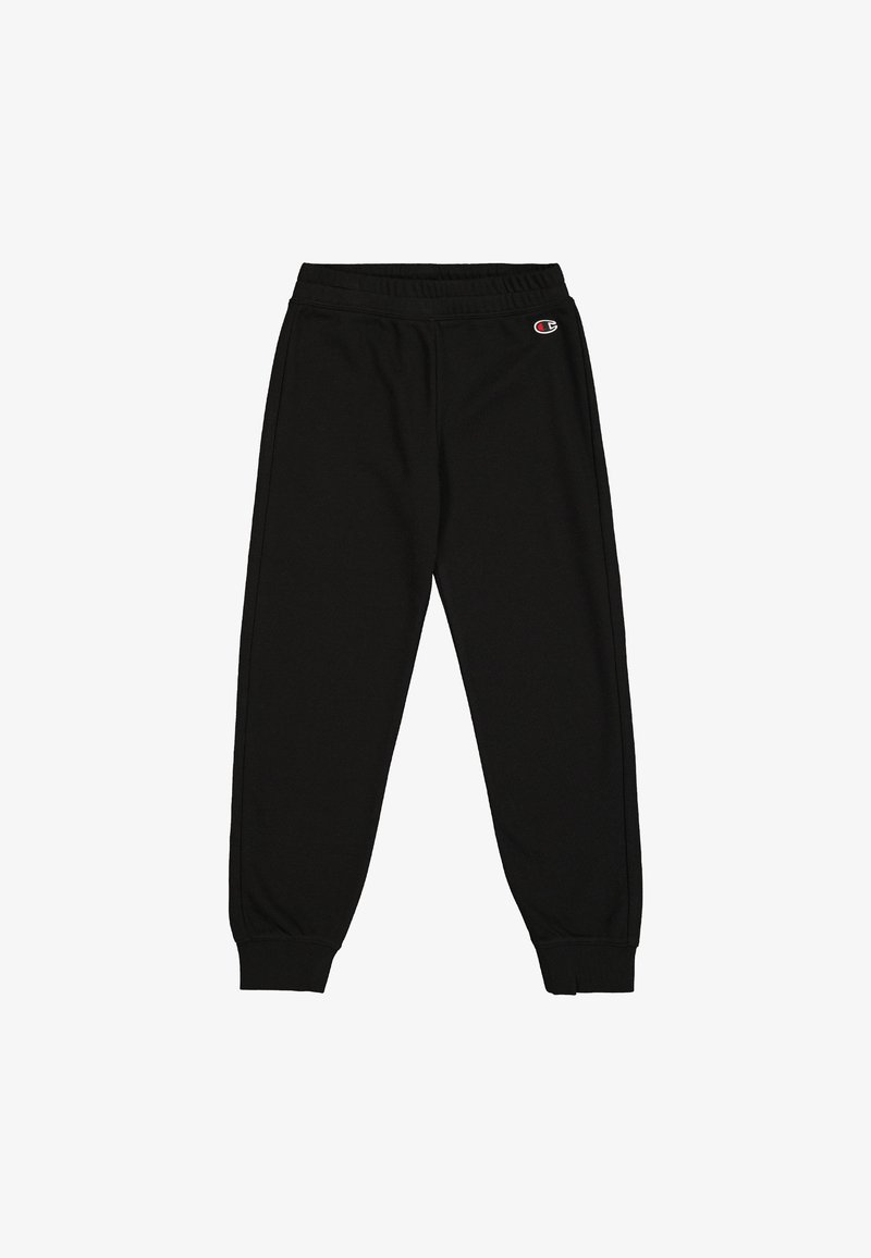 Zwarte sweatpants van zachte stof, met een elastische tailleband en boorden, en een klein geborduurd logo aan de linkerkant.