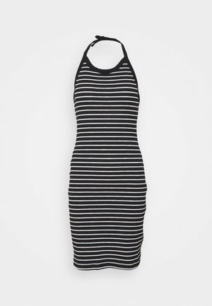 Robe sans manches longueur genou à rayures horizontales noires et blanches avec col licou et fermeture par lien au cou.