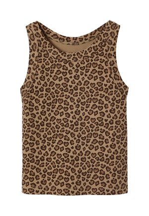 Sleeveless ribbed crop top with brown and dark brown leopard print pattern and round neckline.