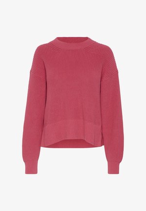 Pink knitted sweater featuring a textured design, round neckline, and dropped shoulders. Ribbed cuffs and hem give a relaxed fit.