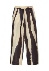 Lässige, beige Hosen mit dunkelbraunen und marineblauen Batikstreifen, ausgestattet mit einem elastischen Taillenbund und Seitentaschen. Aus weichem, leichtem Stoff.
