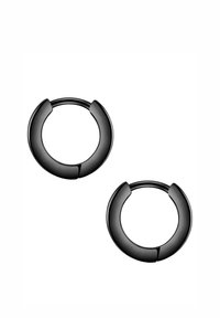 Zwarte metalen oorrekeningen met een glanzende afwerking, met een modern, afgerond ontwerp en een open cirkelvorm. 