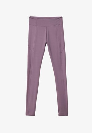 High-waisted mauve leggings with seam details along the legs and a smooth, stretchy fabric suitable for athletic wear.
