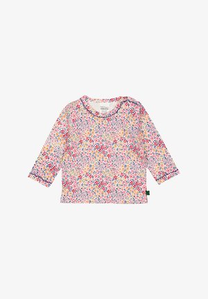 Long-sleeve top made of lightweight fabric featuring a colorful floral print with pink, red, yellow, and blue flowers; round neckline.