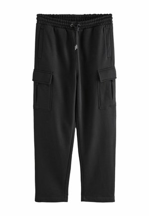 Pantaloni de trening negri cu talie elastică, șnur ajustabil, două buzunare laterale și buzunare tip cargo pe ambele părți.