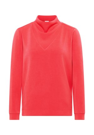 Rode top met lange mouwen, een hoge kraag en een V-hals ontwerp. Gemaakt van zachte stof, met geribbelde manchetten en een gelijkmatige textuur over het geheel.