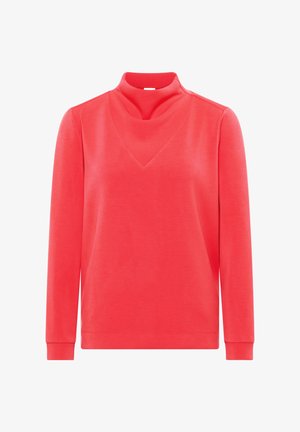Top rojo de manga larga con cuello alto y diseño de escote en V. Fabricado con tela suave, con puños acanalados y textura uniforme en toda la prenda.