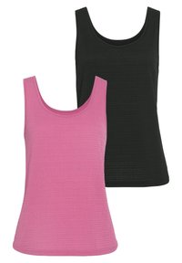 Twee mouwloze tanktops; een roze en een zwarte. Beide hebben een gestructureerde stof en een ronde halslijn, met een losse pasvorm en zachte naden.
