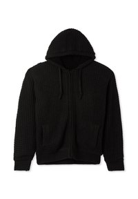 Czarna bluza z zamkiem wykonaną z teksturowanej dzianiny, z kapturem, sznurkami, bocznymi kieszeniami oraz ściągaczami przy mankietach i u dołu.