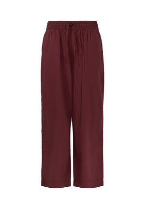 Burgundy, lightweight, cropped pants with an elastic waistband and drawstring. Smooth texture and side pockets for functionality.