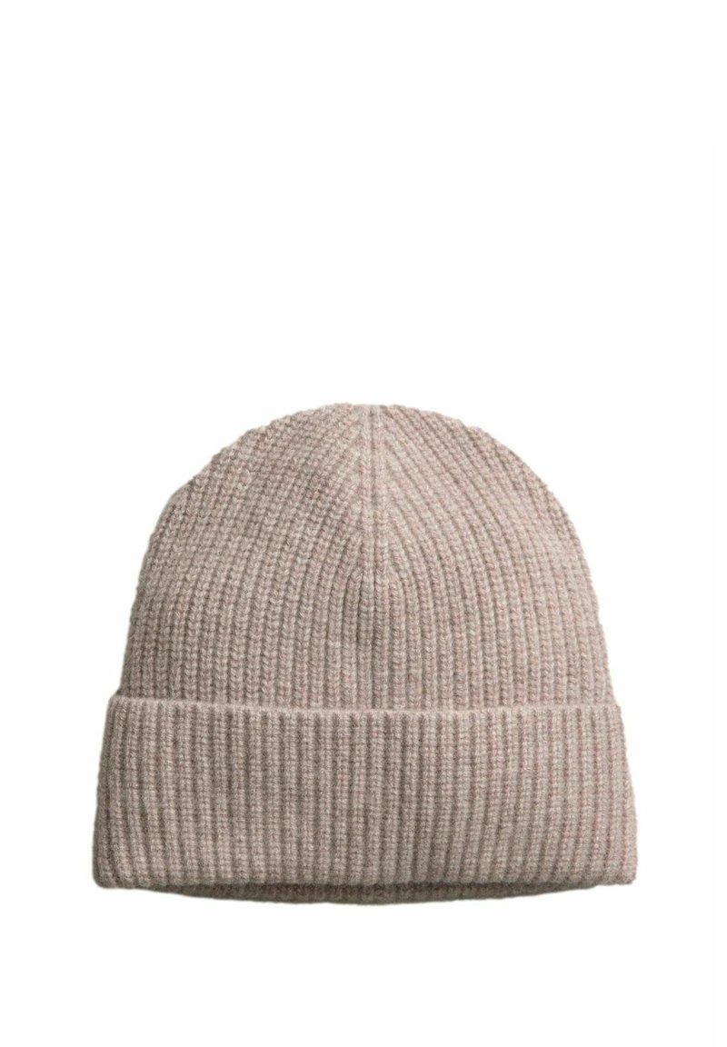 Strik beanie i lys beige med ribbet tekstur og en foldbar kant. Blødt materiale og enkelt design, der er velegnet til koldt vejr.