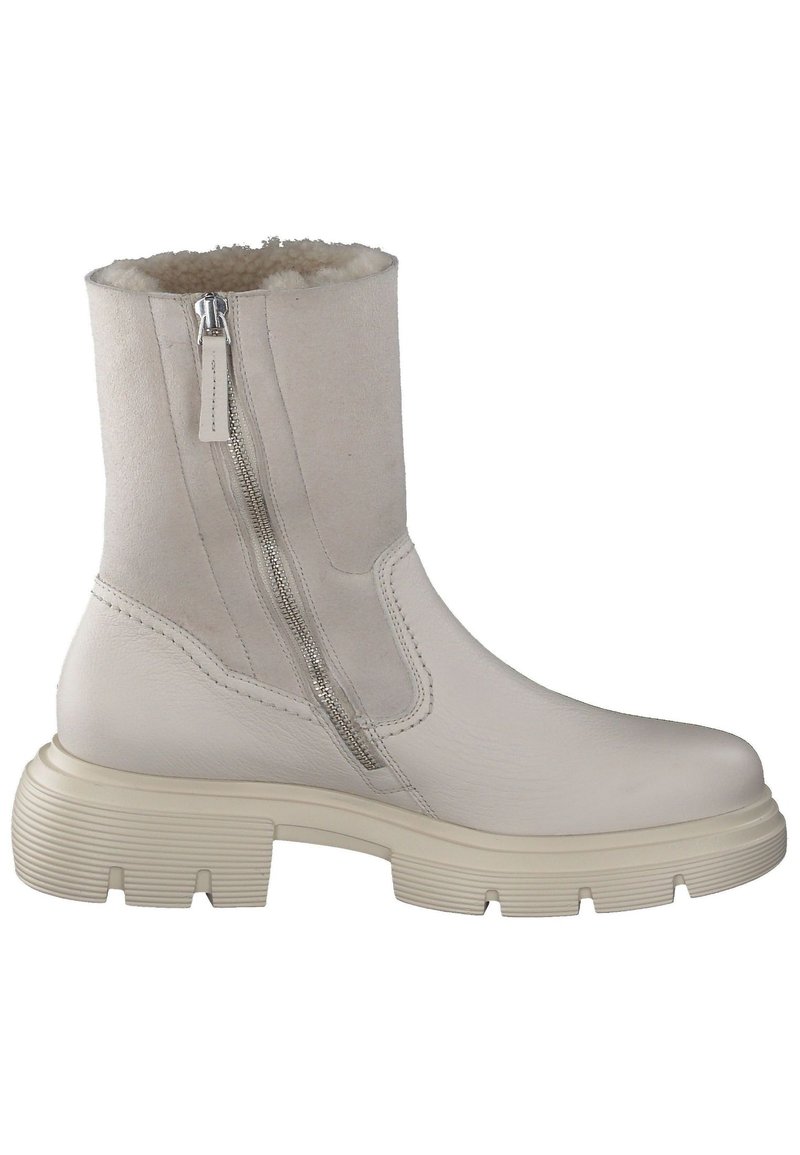 Weiße Lederstiefeletten mit einem Oberteil aus Wildleder, seitlichem Reißverschluss, robuster Gummisohle und einem Futter aus Lammfell am Kragen für zusätzlichen Komfort.