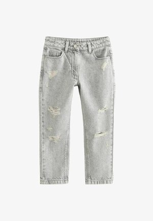 Szürke farmernadrág, kényelmes szabással, viseltes részletekkel és rojtos díszítésekkel. Klasszikus öt zsebes kialakítás, gombos záródással.