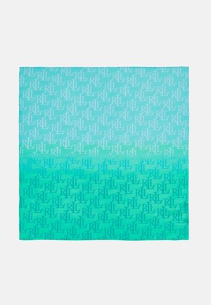 Blåt og grønblåt gradient firkantet stof trykt gentagne gange med hvide "RL" initialer i forskellige orienteringer.