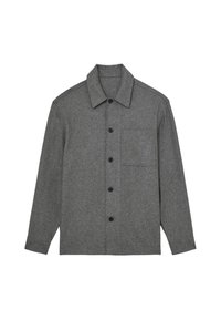 Grijze overshirt van een wolmix met een puntkraag, een borstzak en zwarte knopen aan de voorkant. Lange mouwen met een ontspannen pasvorm.