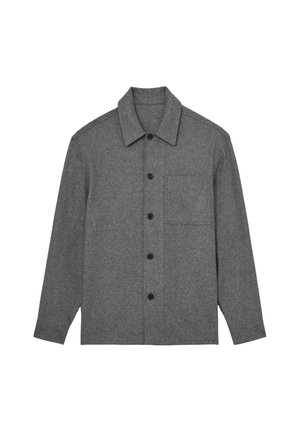 Pelēks krekls-žakete no vilnas maisījuma ar smailu apkakli, priekšējo kabatu un melnām pogām aizdarē. Garas piedurknes ar brīvu piegriezumu.