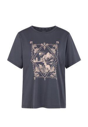 Gray cotton t-shirt with short sleeves featuring a pink graphic design of mountains, sun, and horses in a diamond frame. Crew neckline.