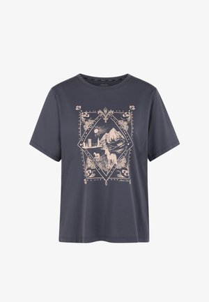 Gray cotton t-shirt with short sleeves featuring a pink graphic design of mountains, sun, and horses in a diamond frame. Crew neckline.