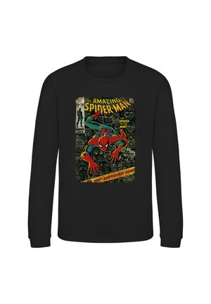 Felpa nera con copertina vintage di fumetto di Spider-Man che striscia in avanti con volti sullo sfondo e testo giallo in grassetto sopra.