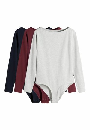 Trois bodies à manches longues en bleu marine, bordeaux et gris clair, empilés avec les fermetures à pression visibles à l'avant en bas.