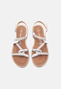 Silberne Riemchensandalen mit Strassakzenten, lederähnlichen Innensohlen, braunem Fußbett, verstellbarem Knöchelriemen und leichtem Design. Größe 37.