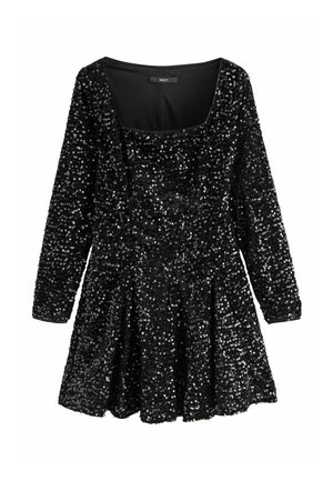 Schwarzes Pailletten-Kleid mit langen Ärmeln, einem quadratischen Ausschnitt und einem ausgestellten Rock. Mit Pailletten im gesamten Kleid und einem glatten Innenfutter.