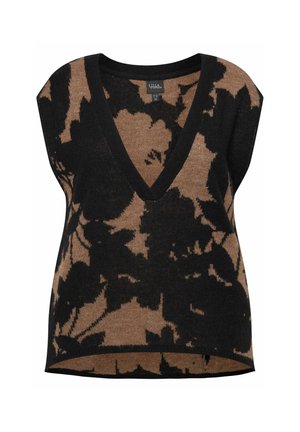 Neulepaita syvällä V-kaula-aukoilla, musta ja ruskea kukkakuosi, ja hihaton malli. Pehmeä rakenne ja rento istuvuus.