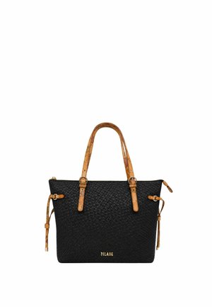 Borsa a mano nera intrecciata con doppi manici beige motivati e cinghie laterali, con logo dorato "PCLASSE" sul davanti.