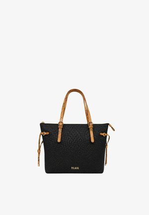 Borsa a mano nera intrecciata con doppi manici beige motivati e cinghie laterali, con logo dorato "PCLASSE" sul davanti.